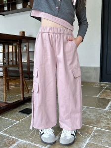 Pink Workwear Trousers for Little Girls Baby Footed Pants Korean Style Loose Fit Childrens Clothing Spring Autumn Season