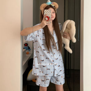Cute Cartoon Dog Ice Silk Summer Sleepwear Short Sleeve Lightweight Comfortable Loose Womens Home Clothes Pajamas Set
