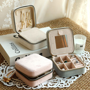 1pc Multifunction Velvet Mini Jewelry Storage Box With Mirror Portable Necklace Earring Ring Zipper Square Jewelry Display Case