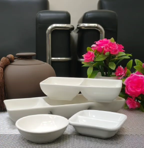 WHITE CERAMIC DIPPING SAUCE DISHES - SPLIT BOWL RECTANGULAR / SQUARE / ROUND CONDIMENTS SAUCE PLATE