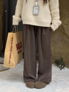 Laid-back Coffee-Colored Fleece Lined Casual Pants Womens Autumn Winter High Waist Loose Fit Straight Leg Sporty Trousers