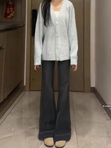 สีน้ําเงินเข้มสูง เอว พรางหุ่น กระดิ่งด้านล่าง กางเกงยีนส์ ผู้หญิง ฤดูใบไม้ผลิ ฤดูใบไม้ร่วง รูปแบบใหม่ ขนาดเล็ก ทันสมัย กางเกงขายาว