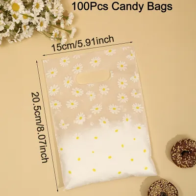 100Pcs/Pack Daisy Printed Gift Bag With Plastic HandlePlastic Gift BagPerfect for Mothers Day Parties Holidays
