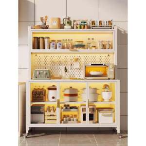Modern Simplicity Kitchen Storage Rack Carbon Steel Floor-standing Caddy Board with Door Microwave Appliance Pot Utensil Storage