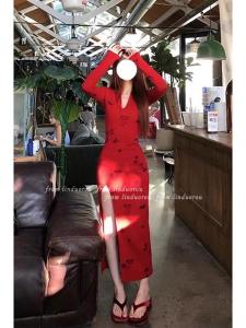 Plus Size Pure Desire Print Elegant V Neck Side Slit Retro Long Sleeves Dress Womens Early Autumn Waist-Tight Red Long Skirt