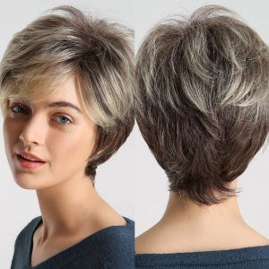 Short Pixie Cut Synthetic Wigs For Women Brown Mixed Blonde Wigs With Bangs Natural Looking Daily Use Hair Heat Resistant Fiber