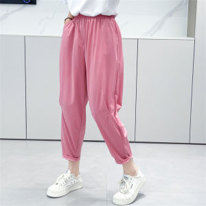 กางเกงขายาวทรงหลวมเอวยางยืดสไตล์เกาหลีสำหรับผู้หญิงในช่วงฤดูร้อน กางเกงขายาวทรงสลิมฟิตแบบบาง สไตล์ฮาราจูกุ กางเกงขายาวทรงหลวม
