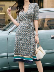 Retro Elegant over Knee Tea Break Dress Womens Open Cardigan Waist Cinched Wrap Body French Style One Piece Dress