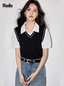 Puella Summer New Black French College Style Short Sleeve Shirt Womens Fake Two-Piece Sweet Fit Polyester Fiber T-shirt