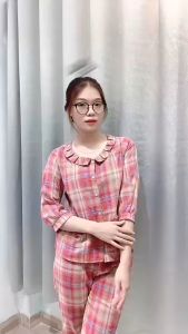 (Bunnysky) Đồ bộ mặc nhà nữ bộ thiết kế thu đông bộ tay lỡ vải thô mềm cổ xếp túi sườn