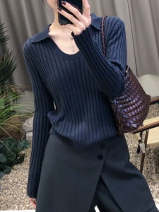 UYFY | เสื้อสเวตเตอร์ถักแขนยาวสีน้ำเงินเข้มสำหรับผู้หญิง ฤดูใบไม้ร่วง 2025 เสื้อเชิ้ตทรงหลวมสบาย ๆ สไตล์เกาหลี ทรงเข้ารูป เสื้อผ้าทำงาน