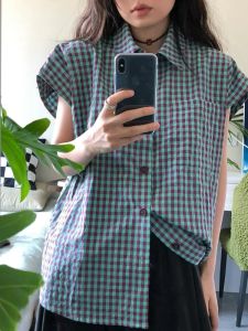 Hong Kong Style Retro Plaid Shirt Womens 2024 Summer New Arrival French Style Design Niche Style Chic Casual All-Matching Tops