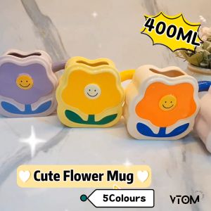 VTOM 400ml Flower Mug Cute Cup Glass Straw Tea Cup Ceramic Coffee Mugs Doorgift Cawan Comel Hadiah Birthday 陶瓷玻璃杯子可爱 Ins