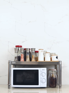 Stainless Steel Microwave Rack Heavy Duty Space Saving Kitchen Organizer with Reinforced Frame for Countertop Storage