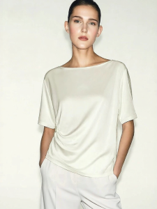 AMII | Professional Style Drooping Collar Pleated Mid Sleeve Soft Shine Acetate T-shirt