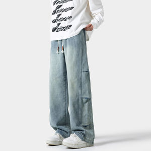 กางเกงยีนส์ทรงหลวมขาตรงสำหรับผู้ชาย ฤดูใบไม้ร่วง/ฤดูหนาว กางเกงขายาวทรงหลวมสไตล์อเมริกันสำหรับเยาวชน กางเกงขายาวทรงหลวม