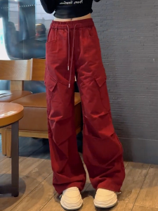 Fashionable Red Work Pants Womens High Waist Thin Long Loose Wide Leg Trousers Autumn New Style Comfortable Casual Pants