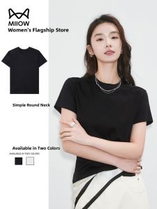 Miiow | Casual Comfortable Short Sleeve Round Neck T-Shirt Womens Summer New Style Cat Person Slim Fit Base Shirt Commute Style Pure Color