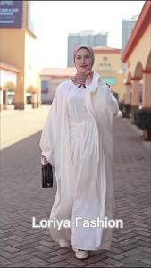 FIt 100kg Fashion Puff Sleeve Loose Muslim Abayas Soft Robe Musulmane Abaya Elegant Silky Muslim Arab Worship Service Clothing