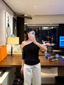 Casual Style Cotton Blend Short Sleeve off Shoulder T-Shirt Womens Handmade One Piece Summer Versatile Loose Fit Top