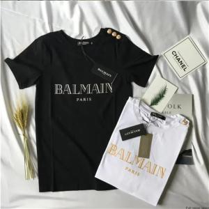 Original BALMAINˉPARIS Spring and Summer Womens Fashion Cotton Short-sleeved T-shirt Star With The Shoulder Gold Button Sports T Shirt Round Neck Tee Tops