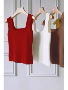 อเมริกันRetroสไตล์ผ้าไหมน้ําแข็งสีแดงถักเสื้อกั๊กผู้หญิงฤดูร้อนใหม่Slim Fit Tank Topสําหรับ 18-24 วันเกิดParty