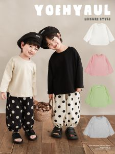 Casual Loose Shoulder Sleeve T-Shirt for Boys round Neck Multi-Color Spring Autumn New Style Childrens Clothing Cotton Blend Fabric