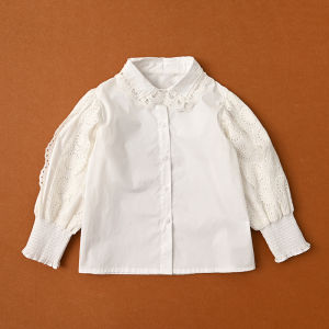 Princess Style Pure Cotton Bubble Sleeve Doll Collar Shirt for Girls Childrens Long Sleeve Flip Collar Cotton Shirt