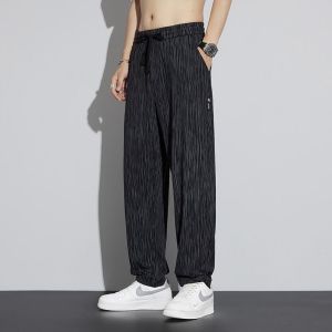 Ice Silk Mens Casual Pants Summer Thin Loose Drapey Breathable Large Size Sports Pants Trendy Elastic Waist Straight Leg Pants