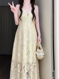 CHANGTONG | French Style Lace Long V-Neck Dress summer