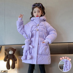 Girls Thickened Mid-Length down Cotton Jacket Winter Coat Casual Style Mixed Fabric Fill Hooded Zipper Closure Solid Color
