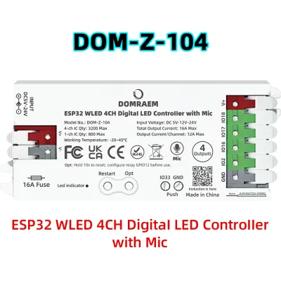 DOMRAEM ESP32 WLED Controller 4CH 16A Fuse Mic Sound Reactive Low Power HA Alexa Compatible WS281X SK6812 RGBIC LED Strip DIY