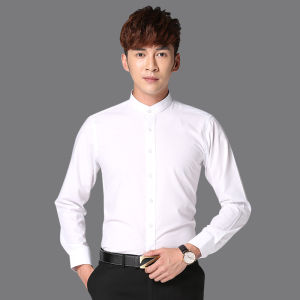 Mens Slim Fit Long Sleeve Shirt round Neck Stand Collar Performance Chinese Style Zhongshan Suit White Inch Shirt Business Casual