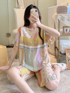 Ultra-Thin Cotton Silk Sleepwear Short Sleeve Home Clothes Set for Women Summer Anti-Bulge Design Sweet Style Five-Piece Pants