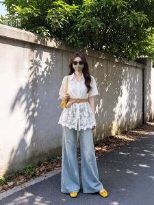 XUECAIQI | Elegant Commuter Style White Lace Shirred Two-piece Set