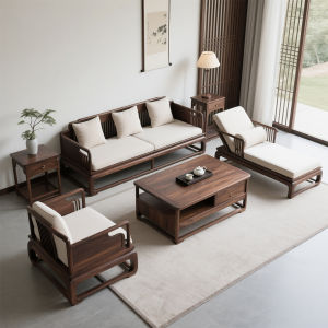 North America Black Walnut Solid Wood Sofa Combination New Chinese Style Song Dynasty Aesthetic Villa Size Fabric Sofa