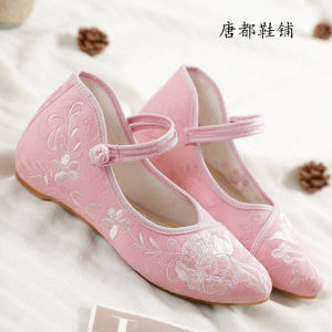 รองเท้าเต้นรำสไตล์ชาติพันธุ์ฮั่นฟูสำหรับผู้หญิง พื้นยาง หัวแหลม ด้านในเพิ่มความสูง รองเท้าทรงชุดจีนโบราณ