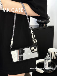 Original Ins Style English Mirror 16Pro Phone Case with Lanyard Crossbody Compatible with 15Promax Anti-Fall Protective Cover 14 Wrist Strap 13 Makeup Mirror High-End Feel