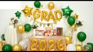 Graduation Decorations 30Pcs Green Gold Metallic Confetti Balloons with GRAD 2026 Star Heart Foil Balloon Set Pennant Banner for Class of 2026 Graduation High School College Party Decor