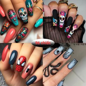 4 Bộ Móng Tay Giả Vuông Dài Trung Bình 96/24 Chiếc Với Thiết Kế Nhện Đầu Lâu Trăng Lưỡi Liềm & Màu Chuyển Sắc Dán Móng Tay Cho Tiệc Tùng