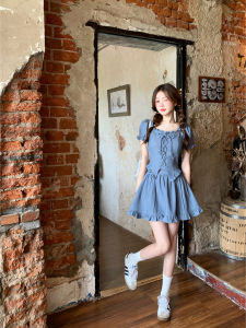 Qulla Oxford Set / Retro Denim Set Umbrella Skirt Womens Small Size Top Half Skirt Two Piece Set Polyester Fiber Short Sleeve