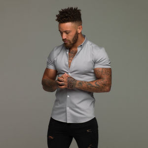Muscle Mens Fitness Shirt Summer Mens Sports Stretch Breathable Slim Fit and Quick-Drying Non-Ironing Slimming Muscle Short Sleeve Shirt