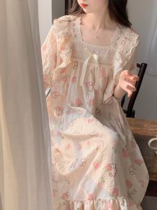 Princess Style Pure Cotton Summer Sleepwear Short Sleeve Loose Womens Dress Sweet Home Clothes Comfortable Breathable Nightgown