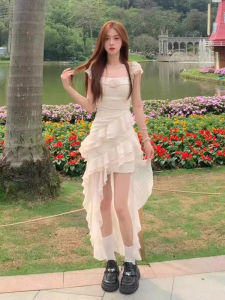 Váy Ngắn Không Tay Cổ Chữ a Màu Trắng Thanh Lịch Mùa Hè Cho Nữ Váy Ngắn Không Đều Váy Công Chúa Váy Không Dây