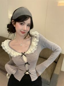 GUZILIAN | Slimming Effect Lace Splice Butterfly Knot V-neck Long Sleeve Womens Base Shirt Top Spring Autumn Korean Style Commute Fashion