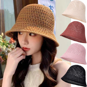 Summer Sun Hat Foldable Women Beach Panama Straw Dome Crochet Knit Bucket Hats New Fashion Hollow Out Breathable Fisherman Cap