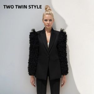 Áo Khoác Blazer Nữ TWOTWINSTYLE Phối Lưới Kiểu Dáng Casual Cổ Khuyết Thiết Kế Ghép Mảnh Cài Nút Dáng Rộng Thời Trang