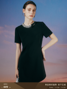 Elegant Black Beaded Neck Design Dress French Style Summer New Luxury Dress Skirt Polyester Spandex Material Short Sleeve