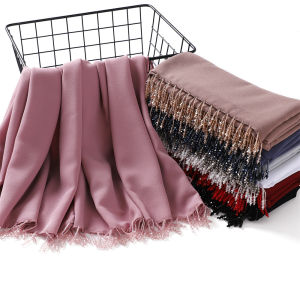 Jifang Women Plain Bubble Chiffon Pashmina Shawl with Long Shiny Pearls Muslim Hijabs Shawls 180x72cm SL223