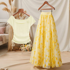 YINGKETUO | Dopamine Style Yellow Floral A-Line Skirt and Short Sleeve Top Two-Piece Set